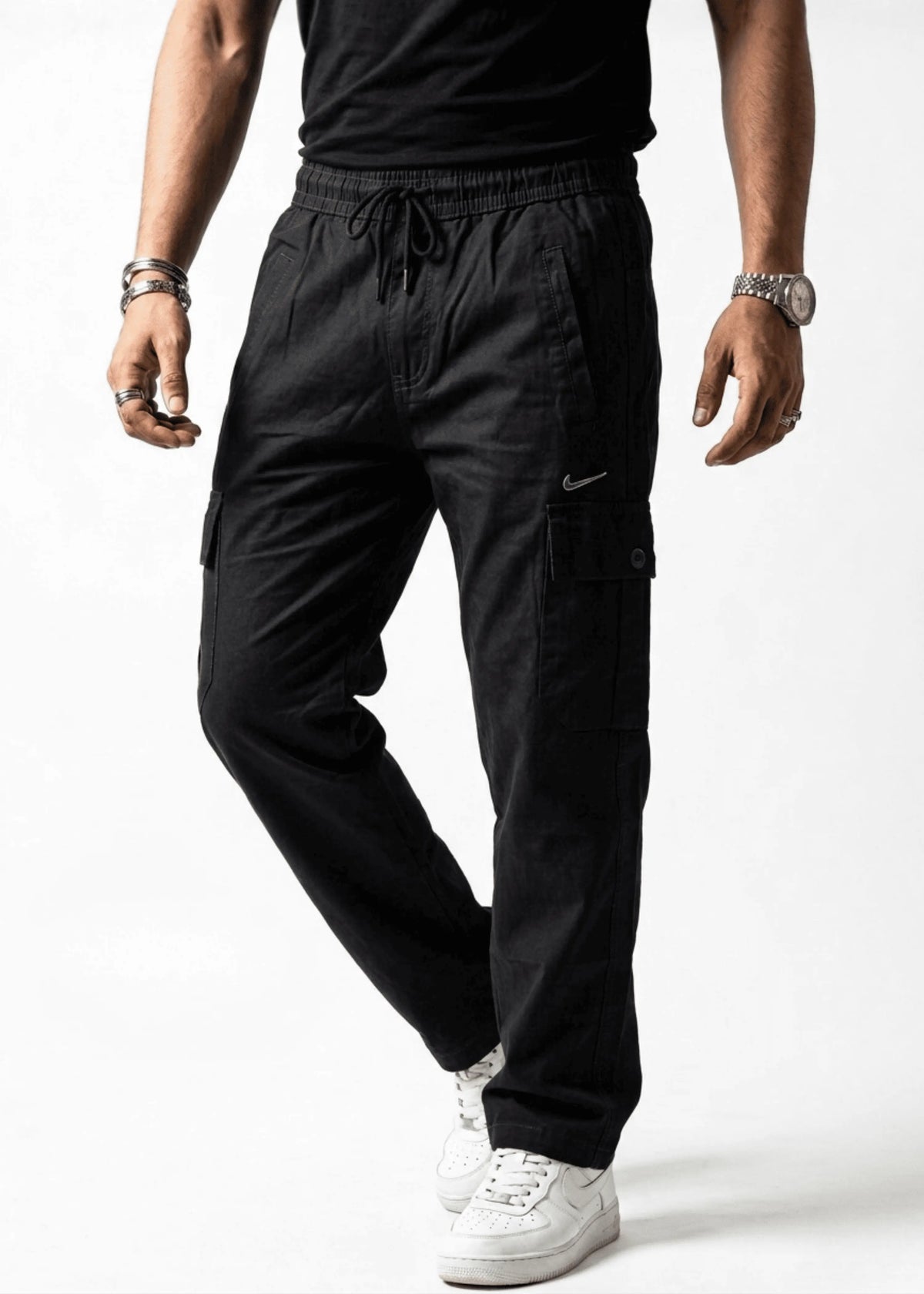 Jet Black Cotton Cargo Trousers