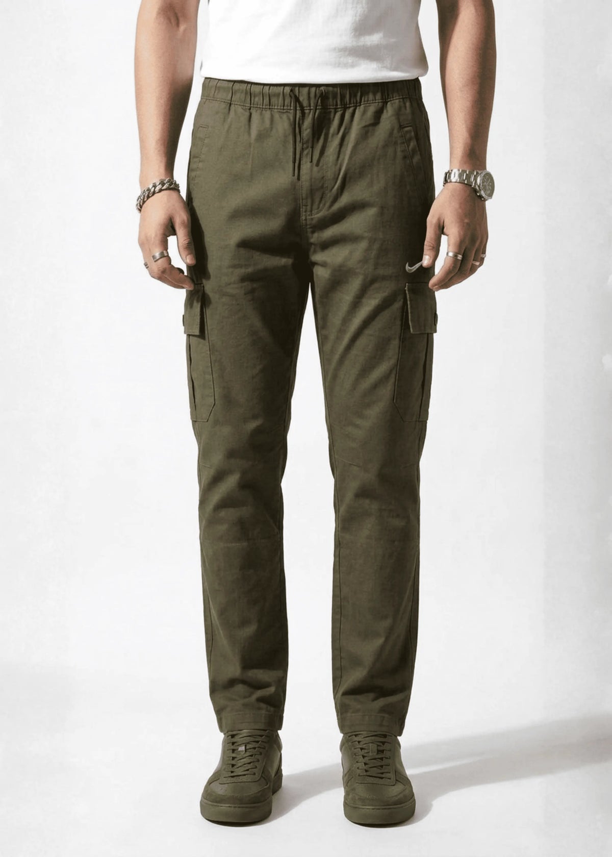 Olive Green Cotton Cargo Trousers